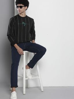 The Indian Garage Co - Men Regular Fit Stripes Crew Neck Black Sweatshirt