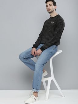 The Indian Garage Co - Men Regular Fit Stripes Crew Neck Grey Sweatshirt