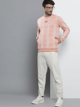 The Indian Garage Co - Men Regular Fit Checks Crew Neck Pink Sweatshirt