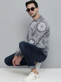 The Indian Garage Co - Men Regular Fit Floral Crew Neck Charcoal Sweatshirt