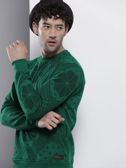 The Indian Garage Co - Men Regular Fit Floral Crew Neck Teal Sweatshirt