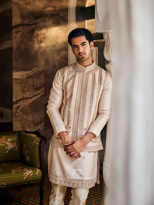 SWATHI VELDANDI Heavenly Beige Embellished Nehru Jacket with Kurta and Pant (Set of 3)