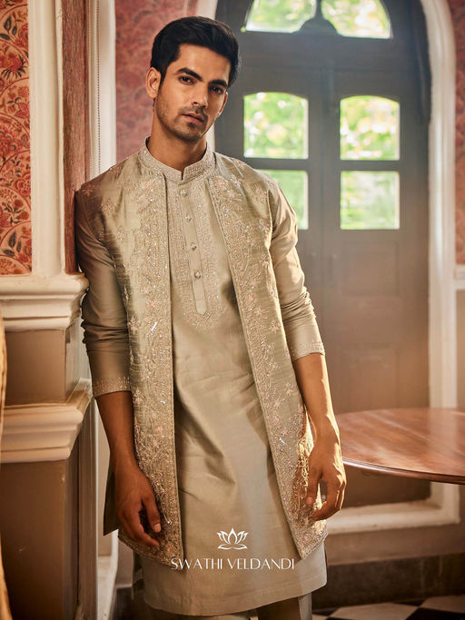 SWATHI VELDANDI Sage Taupe Embellished Nehru Jacket with Kurta and Pant (Set of 3)