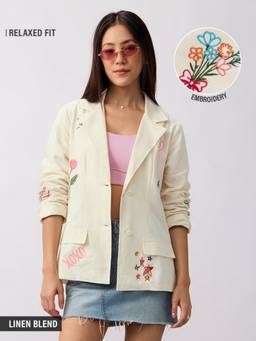 The Souled Store - Women Off White Embroidered Cotton Linen Blazer