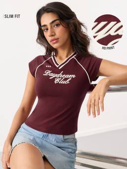 The Souled Store - Women Burgundy Typography Cotton/Elastane T-Shirt