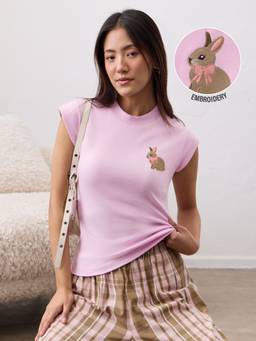 The Souled Store - Women Pink Embroidered Pure Cotton T-Shirt
