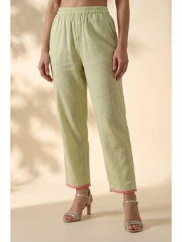 Aurelia - Women Green Solid/Plain Cotton Slub Pant