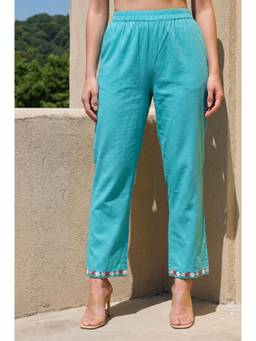 Aurelia - Women Turquoise Embroidered Cotton Flex Pant
