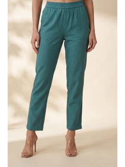 Aurelia - Women Teal Solid/Plain Cotton Slub Pant