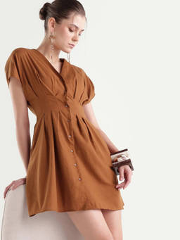 RAREISM - Women Mustard Solid/Plain Cotton Dress