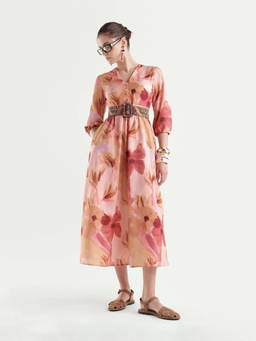 RAREISM - Women Multi-Color Floral Cotton Dress with Belt