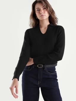 RAREISM - Women Black Solid/Plain Viscose Blend Polo T-Shirt