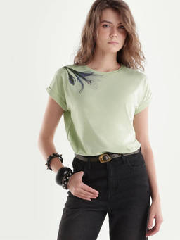 RAREISM - Women Green Floral Cotton Blend T-Shirt