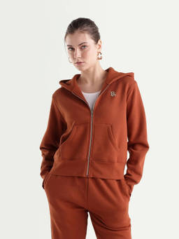 RAREISM - Women Orange Solid/Plain Cotton Blend Hoodie