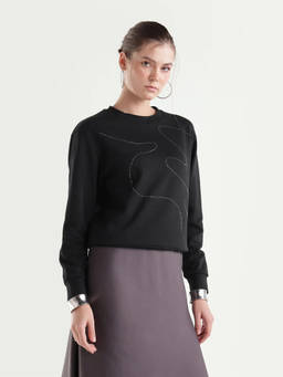 RAREISM - Women Black Abstract Cotton Blend Sweatshirt
