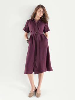 RAREISM - Women Maroon Solid/Plain Linen Dress with Belt