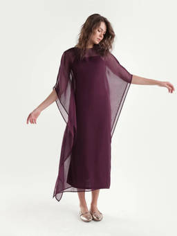 RAREISM - Women Maroon Solid/Plain Polyester Dress with Cape
