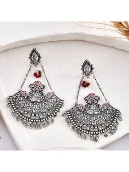 Voylla - Abharan Teardrop Cut White and Round Pink Stones Drop Earrings