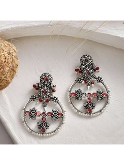 Voylla - Abharan Floral Motif Teardrop Cut Red Stones and Pearls Drop Earrings