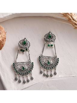 Voylla - Abharan Teardrop Cut Green Stones Drop Earrings