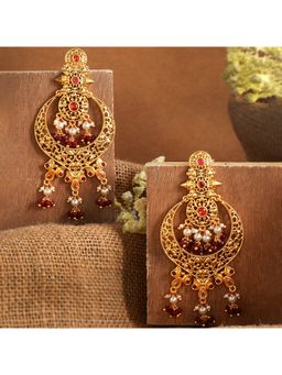 Voylla - Abharan White Pearls and Red Stones Drop Earrings