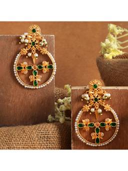 Voylla - Abharan Floral Motif Teardrop Cut Green Stones and Pearls Drop Earrings