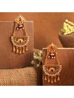 Voylla - Abharan Floral Red Stones and Pearls Ethnic Drop Earrings
