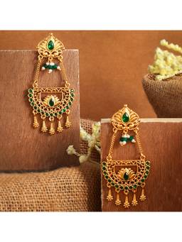 Voylla - Abharan Floral Green Stones and Pearls Ethnic Drop Earrings