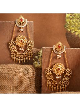 Voylla - Abharan Red Stones and Pearls Opulent Drop Earrings