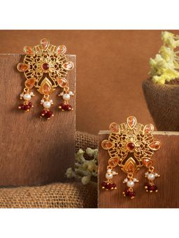 Voylla - Abharan Pink and Red Stones Floral Drop Earrings