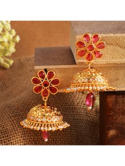 Voylla - Abharan Red Stones and Pearls Floral Jhumka Earrings