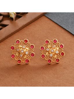 Voylla - Abharan Pink Stones Floral Stud Earrings