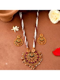 Voylla - Bela Red and White Pearl Adorned Necklace Set