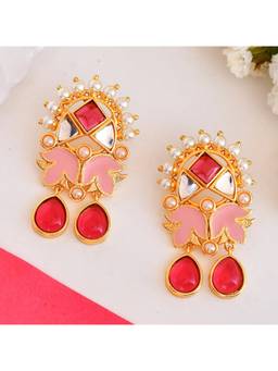 Voylla - Forever More Enamelled Pink Stones and Pearls Floral Earrings
