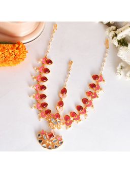 Voylla - Forever More Pink Stones and Pearls Enamelled Floral Matha Patti