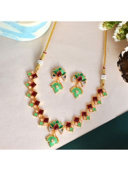 Voylla - Forever More Pink Stones and Pearls Green Enamel Jewellery Set