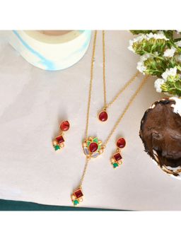 Voylla - Forever More Pink Stones Enamelled Layered Necklace Jewellery Set