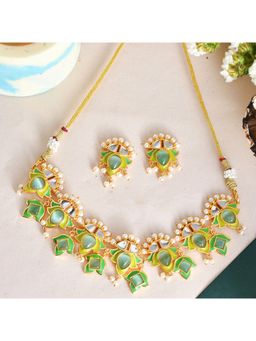 Voylla - Forever More Green Stones and Pearls Enamelled Jewellery Set