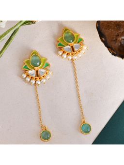 Voylla - Forever More Green Stones and Pearls Enamelled Drop Earrings