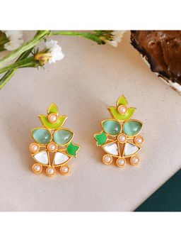 Voylla - Forever More Green Enamel White Pearls Tulips Earrings