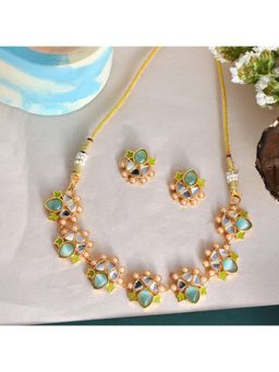 Voylla - Forever More Green Enamelled Floral Pearls and Green Stones Jewellery Set