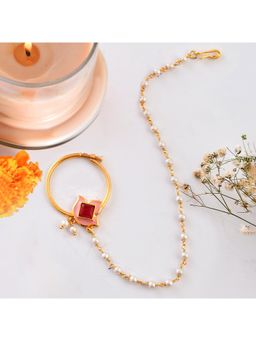 Voylla - Forever More Enamelled Floral Motif Red Stone Non-Piercing Nose Ring