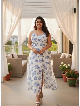 Qurvii - White and Blue Floral Georgette Slit Dress