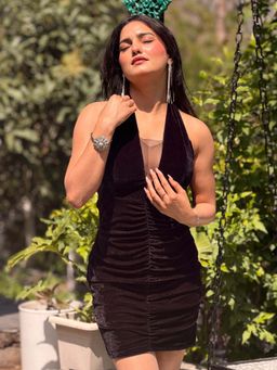 Tandul - Women Elegant Classic Black Velvet Dress
