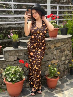 Tandul - Women Black And Orange Neck Tie Up Maxi Dress