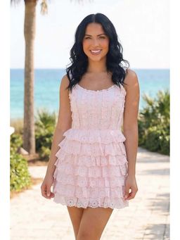Pretty Pixie - Blush Pink Eyelet Tiered Ruffle Corset Mini Dress