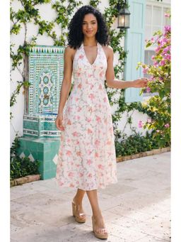 Pretty Pixie - White Floral Bow Print Halter V-Neck Midi Dress