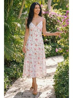 Pretty Pixie - White Floral Bow Print Lace Bustier Slip Maxi Dress