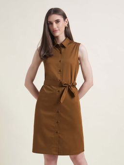 Beatnik - Brown Sleeveless Collared Mini Dress With Belt