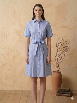 Beatnik - Blue Sleeveless Collared Mini Dress With Belt